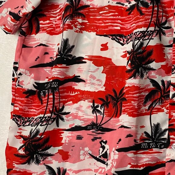 Han Ton Hawaiian Shirt Men Size XL Button Front Cotton Blend Palm Trees Red FLAW - Picture 2 of 10